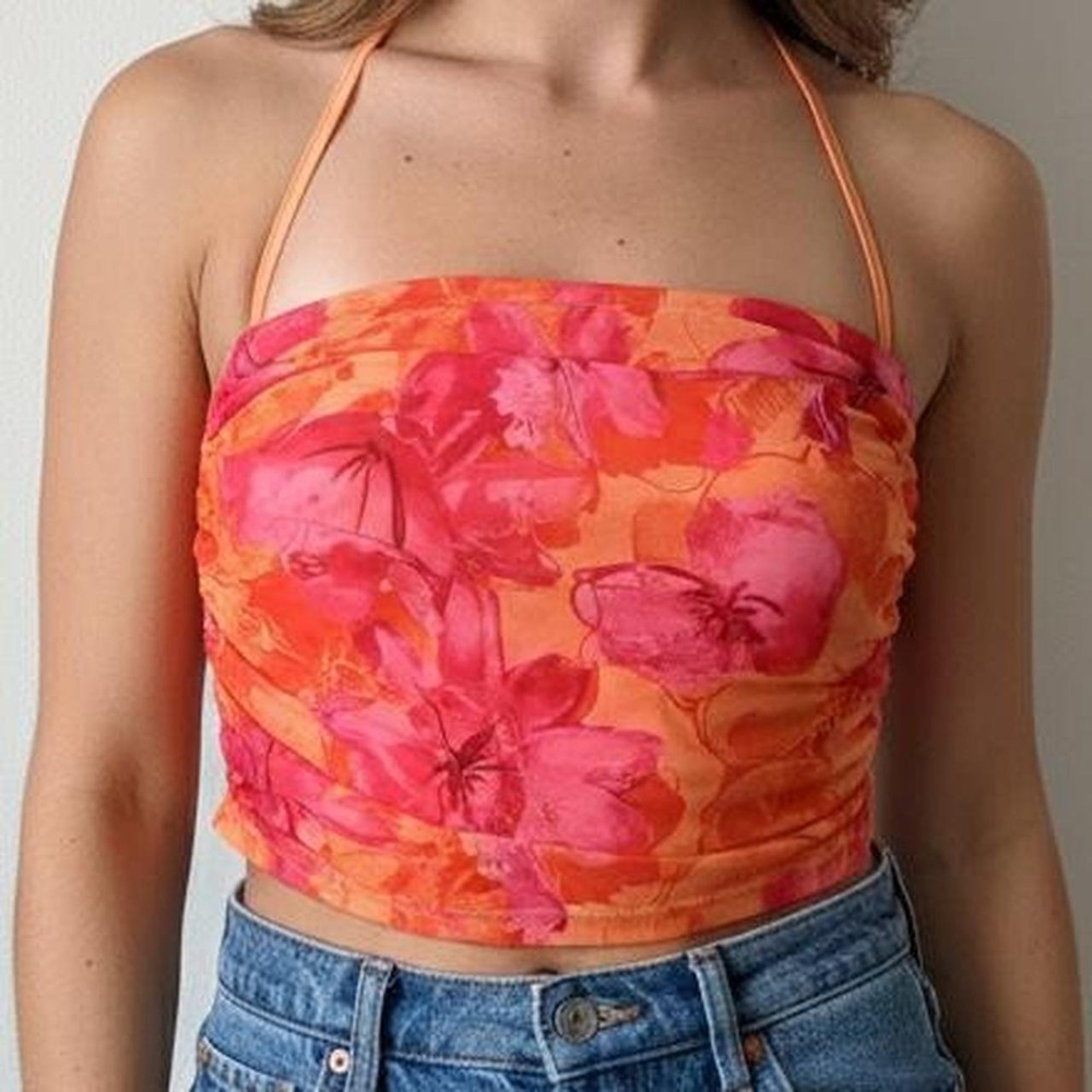 SHEIN Pink & Orange Floral Mesh Crop Tank | Size Medium